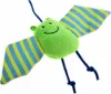 A plush toy bat with green and blue striped wings and legs, hanging from a blue string. Produktbild-Vorschau