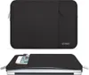 A black laptop sleeve is shown from two angles: one straight on and one showing a laptop inside. Produktbild-Vorschau
