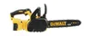 A yellow and black DeWalt battery-powered chainsaw is shown against a white background. Voir les images du produit