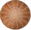 A round, brown leather pouf with white stitching and a decorative pattern in the center, presented on a white background. Produktbild-Vorschau