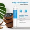 A water filter cartridge is shown next to halved coconuts and a large green leaf. Text highlights features and benefits. Anteprima dell’immagine prodotto