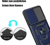 A close-up of a blue phone case with a camera slider and ring holder, shown with instructional diagrams. Produktbild-Vorschau