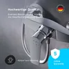 Close-up of a chrome shower faucet with text overlays highlighting quality and warranty. Produktbild-Vorschau