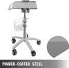 A medical cart with a tray, basket, and wheels, shown against a white background. A close-up of the material is shown on the right. Produktbild-Vorschau