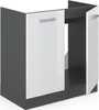 A 3D rendering of a kitchen base cabinet with two doors and an open section. Produktbild-Vorschau