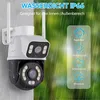 A security camera mounted on a wall in the rain, with icons indicating weather resistance. Produktbild-Vorschau