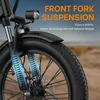 Close-up of the front fork suspension of an e-bike, with text overlay highlighting the feature. Produktbild-Vorschau