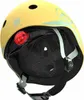 A close-up view of the inside of a yellow children's helmet, showing the padding, straps, and a red safety light. Voir les images du produit
