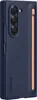 A close-up, angled view of the back of a dark blue smartphone case with a peach-colored S-Pen holder attached. Produktbild-Vorschau