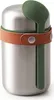 A stainless steel food flask with a green spoon and a brown leather strap. Náhled obrázku produktu