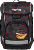 A front view of a black and gray ergobag school backpack with a geometric pattern in red and white accents. It features a circular patch with a fiery image on the front pocket. Produktbild-Vorschau