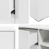 Collage of close-up shots of a white cabinet, showing drawer slides, a corner detail with metal feet, and an open drawer. Produktbild-Vorschau