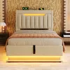 A modern bed with LED lighting and a padded headboard is shown in a bedroom setting. Náhled obrázku produktu