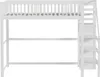 A white loft bed with a ladder and storage shelves, shown against a white background. Produktbild-Vorschau