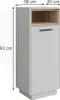 A tall, narrow cabinet with a wooden shelf at the top and a white door below, with dimensions indicated by measurement lines and text. Podgląd zdjęcia produktu