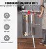 A person is operating a manual honey extractor in a kitchen-like setting. The image highlights product features with text and icons. Podgląd zdjęcia produktu