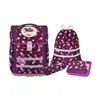 A set of school supplies including a backpack, a drawstring bag, a pencil case, and a small pouch, all with a purple polka dot pattern. Anteprima dell’immagine prodotto