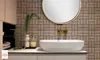 A bathroom vanity with a sink, mirror, and tiled wall. Produktbild-Vorschau