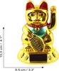 A golden lucky cat figurine with a solar panel on its base, shown against a white background with size indicators. Produktbild-Vorschau