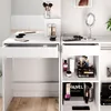 A split image showing a white vanity table with makeup and accessories. Náhled obrázku produktu