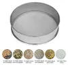 A sieve is shown in the center, with six smaller circular images below it, each displaying a different type of grain or seed being sifted through a mesh. Náhled obrázku produktu