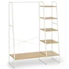A white metal and light wood garment rack with shelves, shown from the front. Náhled obrázku produktu