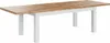 A dining table with a wooden top and white legs, shown against a white background. Produktbild-Vorschau