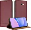 A dark red leather flip case for a Samsung Galaxy J4 Plus phone is displayed, with the phone open and showing its screen. Produktbild-Vorschau