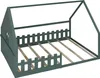 A green house-shaped bed frame with a picket fence detail and wooden slats for a mattress. Produktbild-Vorschau