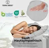 A woman sleeping peacefully on a pillow, with marketing text and logos overlaid. Produktbild-Vorschau