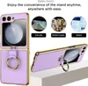 A marketing image showcasing a purple phone case with a gold trim and a ring holder, highlighting its stand feature with three circular graphics and text. Produktbild-Vorschau