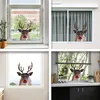 A collage of four images showing a reindeer window sticker with a red nose on different window settings. Produktbild-Vorschau