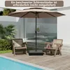 An outdoor patio scene with a large umbrella, two chairs, and a pool. Podgląd zdjęcia produktu