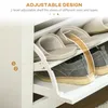Close-up of a white shoe rack with shoes and slippers on its shelves. Text overlays highlight the adjustable design. Produktbild-Vorschau