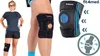 A collage of images showing a woman wearing a knee brace, a close-up of a knee brace, and a diagram of a knee brace with arrows indicating support. Produktbild-Vorschau
