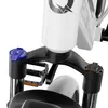 A close-up view of the front fork and handlebars of a white electric bicycle. Produktbild-Vorschau