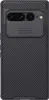 A black phone case with a textured back and a sliding camera cover is shown against a black background. Produktbild-Vorschau