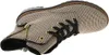 A close-up, angled view of a single beige and black houndstooth patterned boot with black laces and a gold zipper. Voir les images du produit