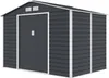 A dark gray metal shed with white trim and a white roof is shown against a white background. Náhled obrázku produktu