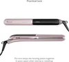 A pink hair straightener shown in two views: one closed and one open, against a white background. Text describes its practical lock feature. Produktbild-Vorschau