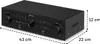 A black stereo amplifier is shown from a slightly elevated front-side angle, with dimensions indicated by dashed lines and text. Produktbild-Vorschau