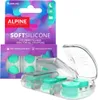 A product shot of Alpine SoftSilicone earplugs, showing both the packaging and a clear case with earplugs inside. Voir les images du produit