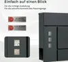 A dark gray mailbox with informational stickers and a close-up view of its windows. Produktbild-Vorschau