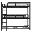 A black metal triple bunk bed with a ladder on a white background. Náhled obrázku produktu