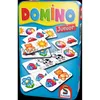 A box of Domino Junior game cards with various cartoon images of animals, cars, and toys. Produktbild-Vorschau