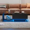 A modern living room scene featuring a black coffee table with LED lighting, placed in front of a brown leather sofa. Produktbild-Vorschau