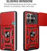 A collage of two images showing a red phone case with a sliding camera cover and a ring holder. Produktbild-Vorschau