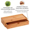 A bamboo storage box with an open drawer, with text overlays describing its features. Náhľad obrázku produktu