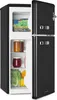 A black retro-style refrigerator with its door open, showing food items inside. Produktbild-Vorschau