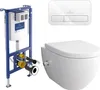 A set of bathroom fixtures including a wall-hung toilet, a concealed cistern frame, and a flush plate, displayed against a white background. Produktbild-Vorschau